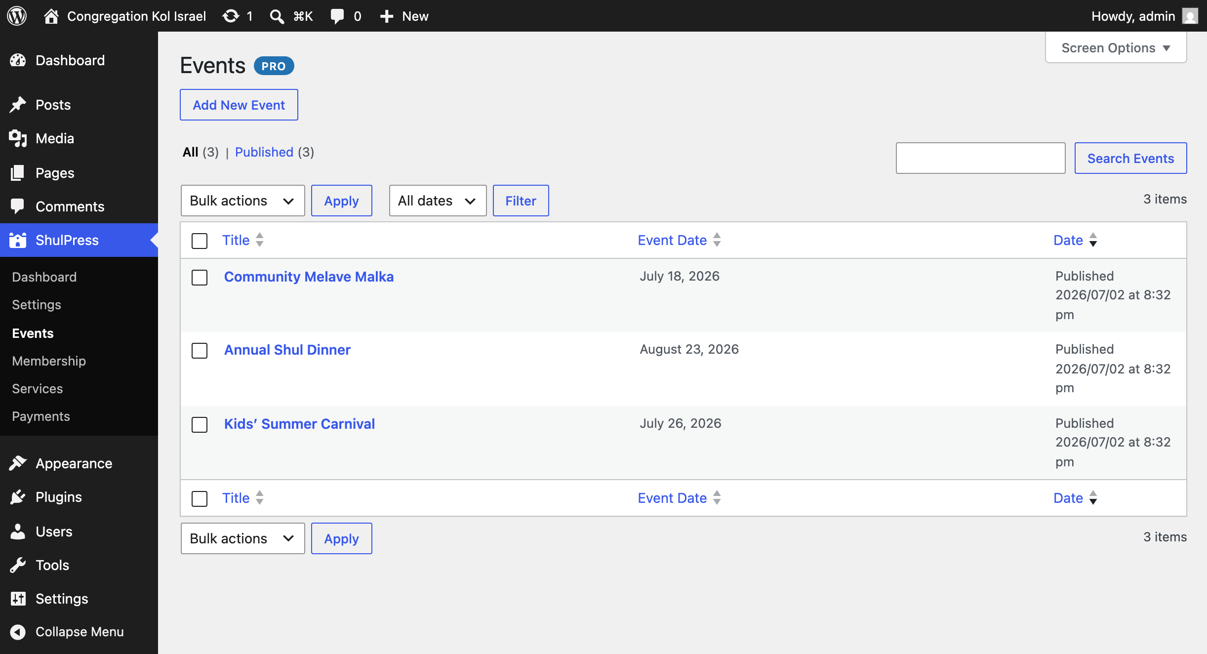 Events list in the WordPress admin showing upcoming shul events with their dates