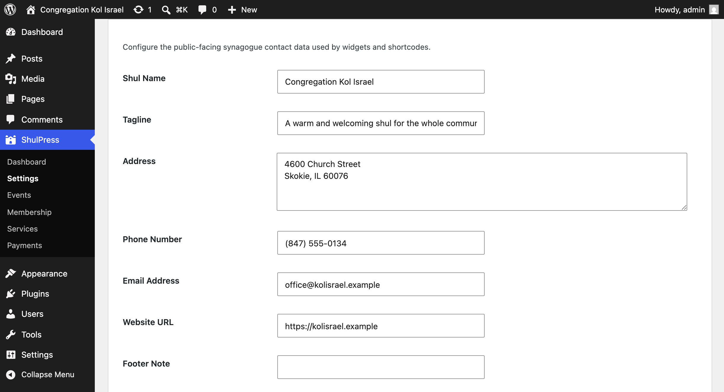 ShulPress settings screen with shul name, tagline, address, and contact details