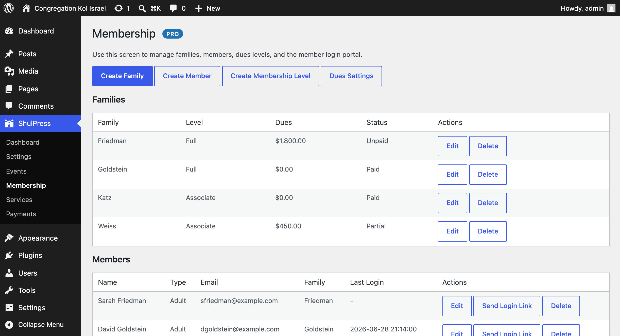 Membership management in the ShulPress WordPress dashboard